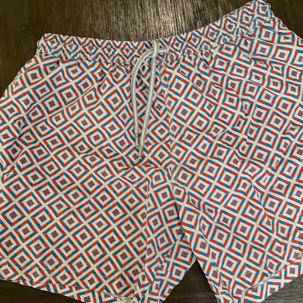 Capri Code Swim Shorts in size Medium Red White and Blue Diamond Pattern design
